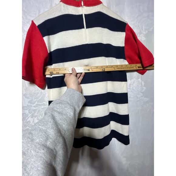 Ami Knits VTG Sweater 8 PETITE Navy White Stripes Short Slv Red Gold Buttons USA - Picture 9 of 10